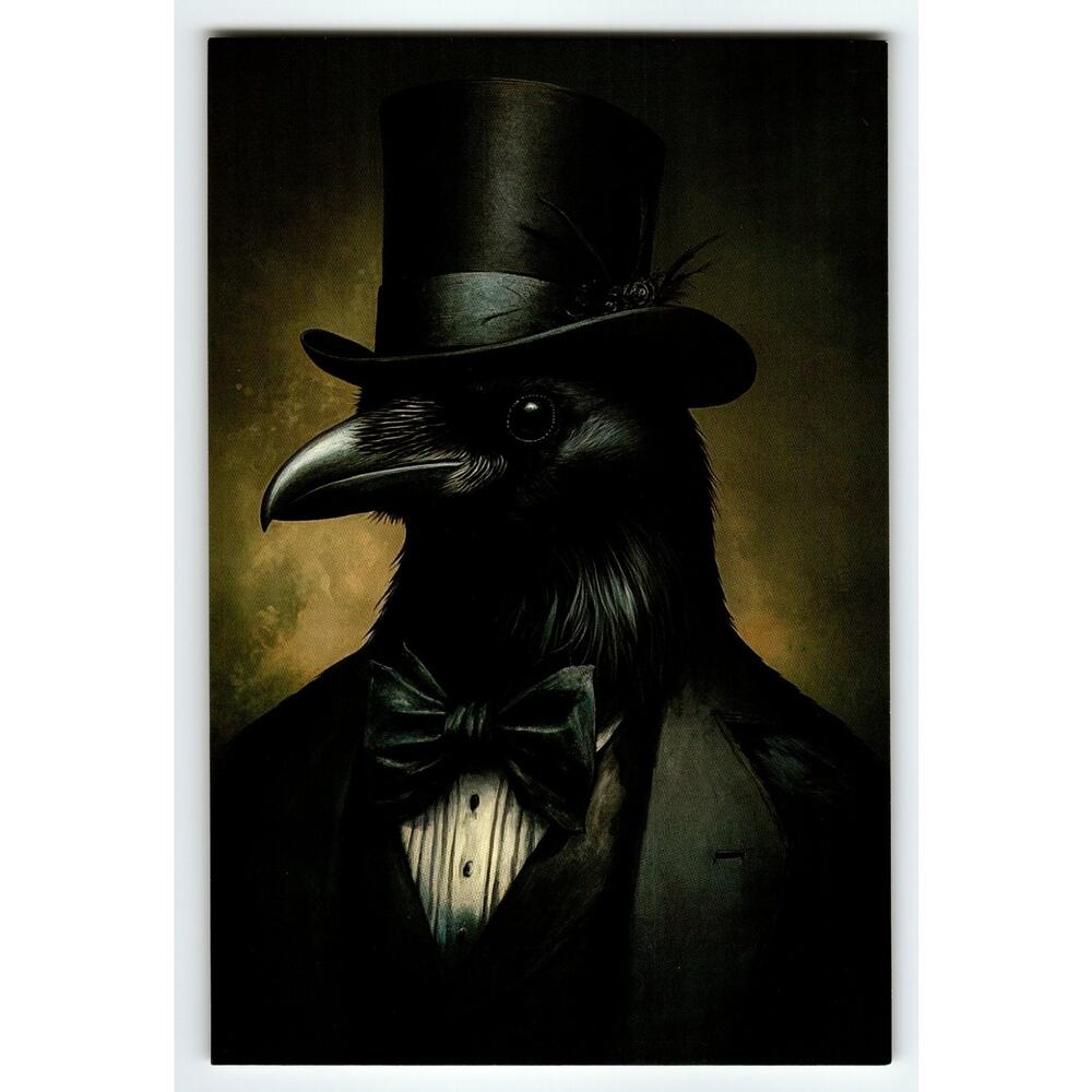 Anthropomorphic Photochrome Vintage Postcard Raven in Tuxedo & Top Hat 5.5x4"